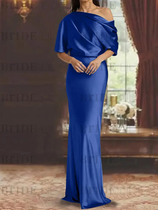 Dark Royal Blue draped satin mother of the bride column gown with blouson top
