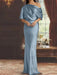 Dusty Blue draped satin mother of the bride column gown with blouson top