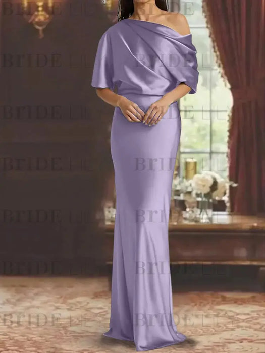 Dusty Purple draped satin mother of the bride column gown with blouson top