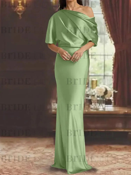Dusty Sage draped satin mother of the bride column gown with blouson top