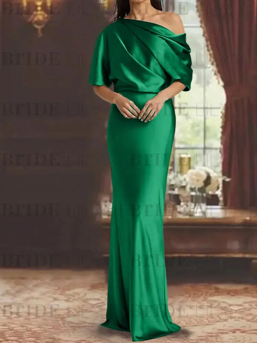 Emerald draped satin mother of the bride column gown with blouson top