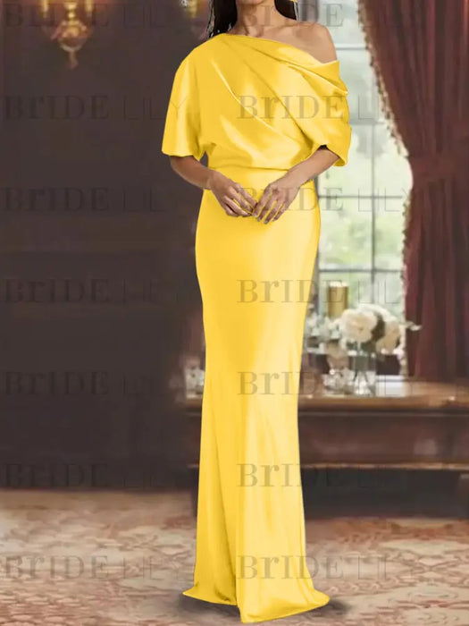 Gold draped satin mother of the bride column gown with blouson top