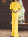 Gold draped satin mother of the bride column gown with blouson top