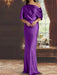 Grape draped satin mother of the bride column gown with blouson top