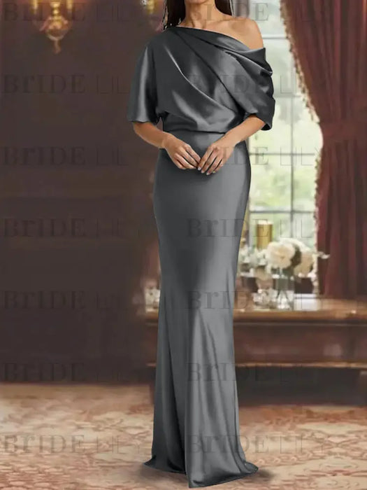 Gray draped satin mother of the bride column gown with blouson top