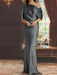 Gray draped satin mother of the bride column gown with blouson top