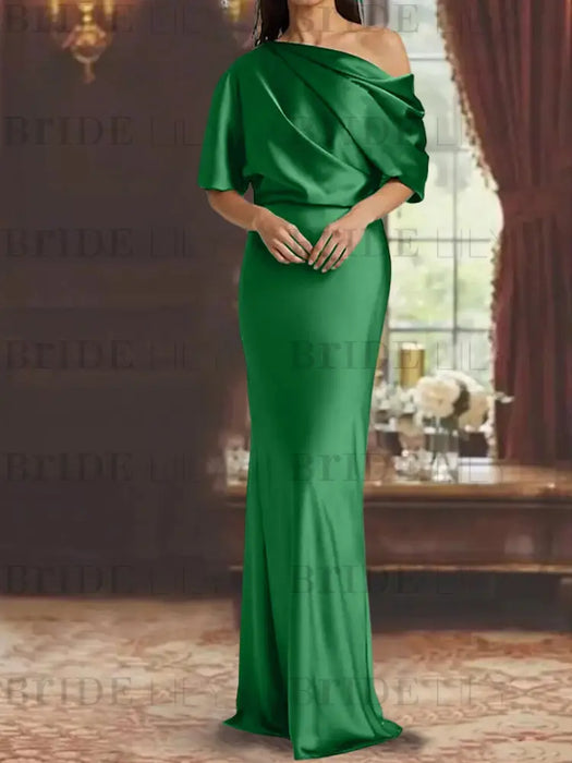 Green draped satin mother of the bride column gown with blouson top