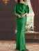 Green draped satin mother of the bride column gown with blouson top