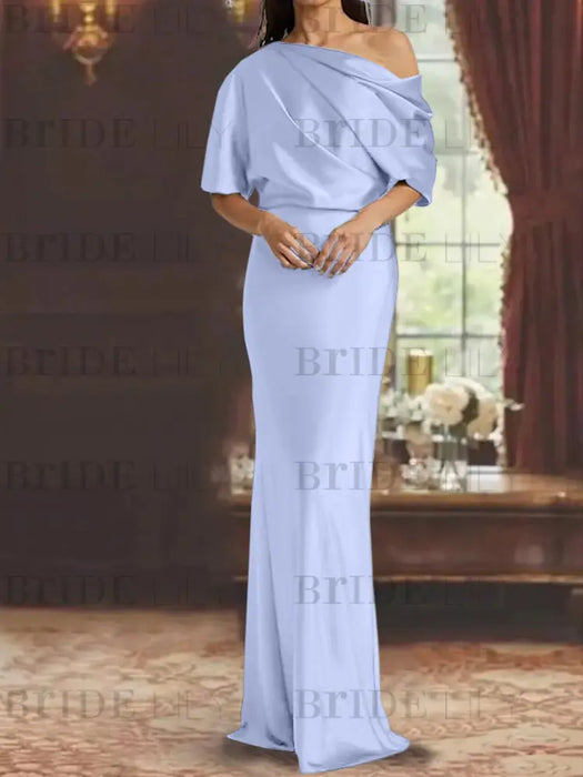 Lavender draped satin mother of the bride column gown with blouson top
