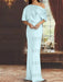 Light Blue draped satin mother of the bride column gown with blouson top