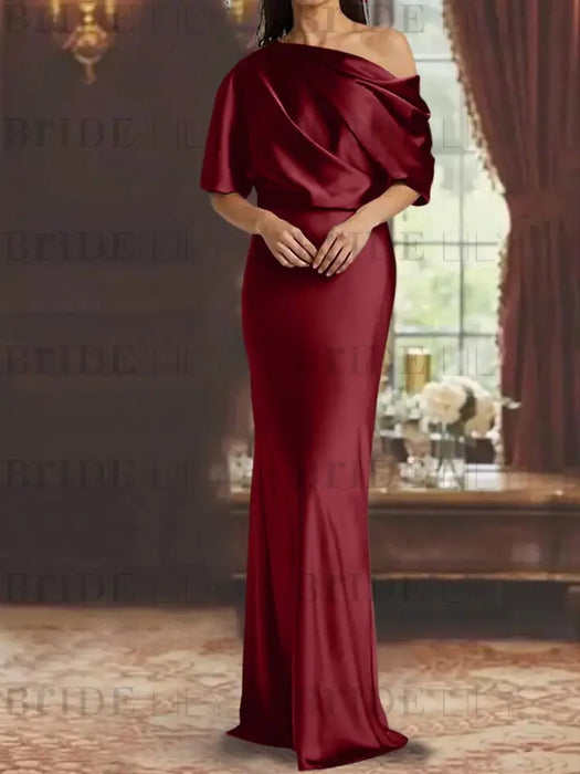 Light Burgundy draped satin mother of the bride column gown with blouson top