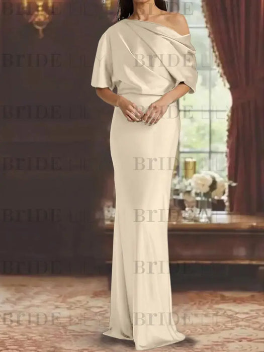 Light Champagne draped satin mother of the bride column gown with blouson top