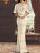 Light Champagne draped satin mother of the bride column gown with blouson top