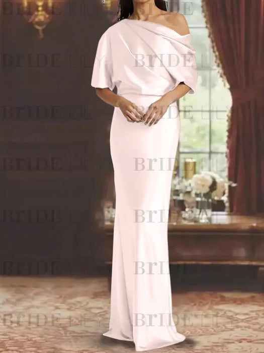 Light Pink draped satin mother of the bride column gown with blouson top