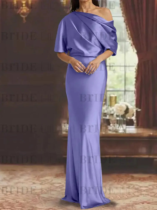 Light Purple draped satin mother of the bride column gown with blouson top