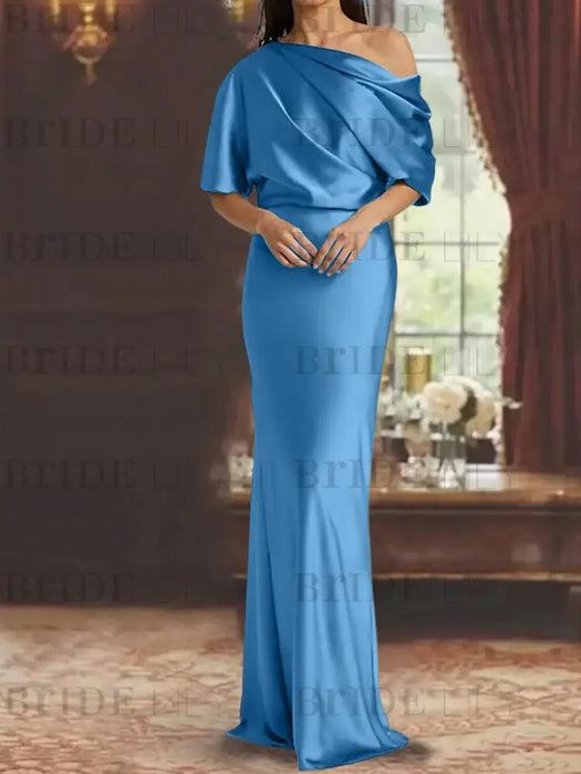 Light Royal Blue draped satin mother of the bride column gown with blouson top