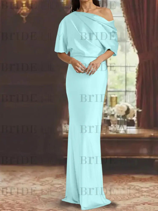 Light Sky Blue draped satin mother of the bride column gown with blouson top