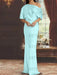 Light Sky Blue draped satin mother of the bride column gown with blouson top