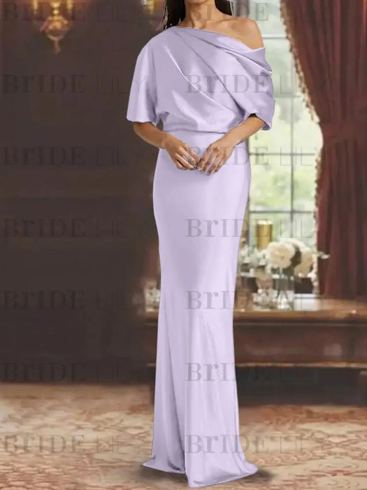 Lilac draped satin mother of the bride column gown with blouson top