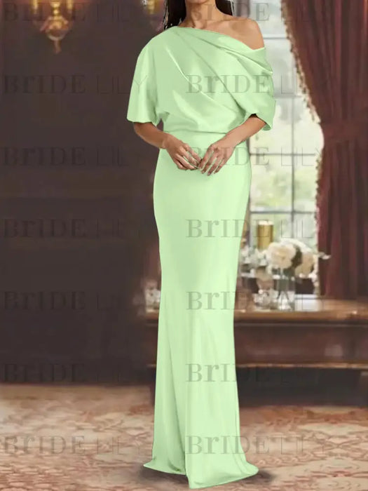 Mint Green draped satin mother of the bride column gown with blouson top