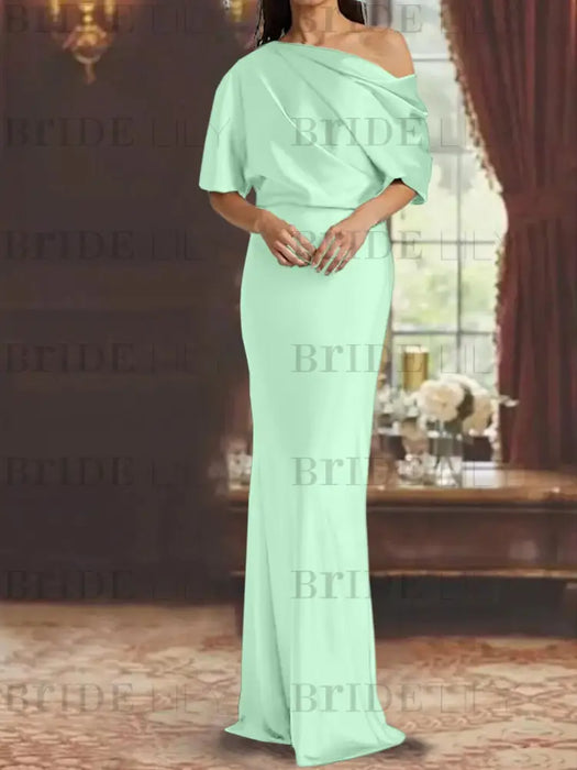 Mist Blue draped satin mother of the bride column gown with blouson top