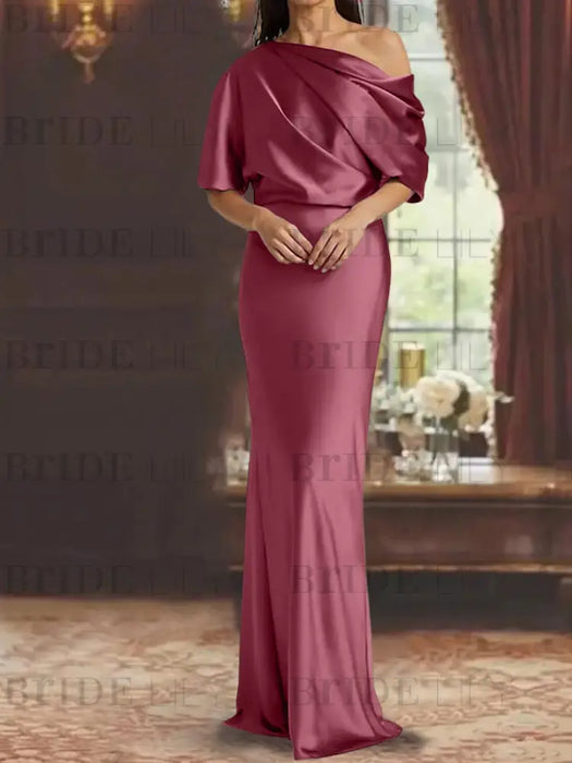 Mulberry draped satin mother of the bride column gown with blouson top