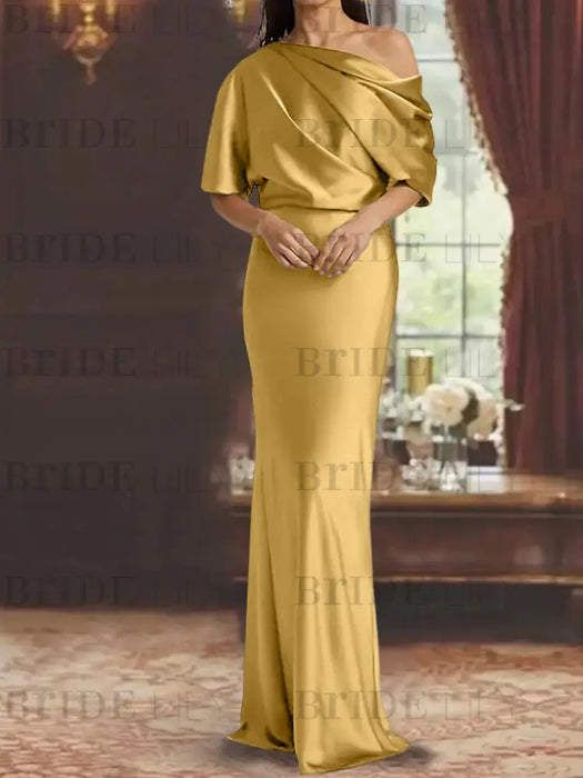 Mustard Yellow draped satin mother of the bride column gown with blouson top