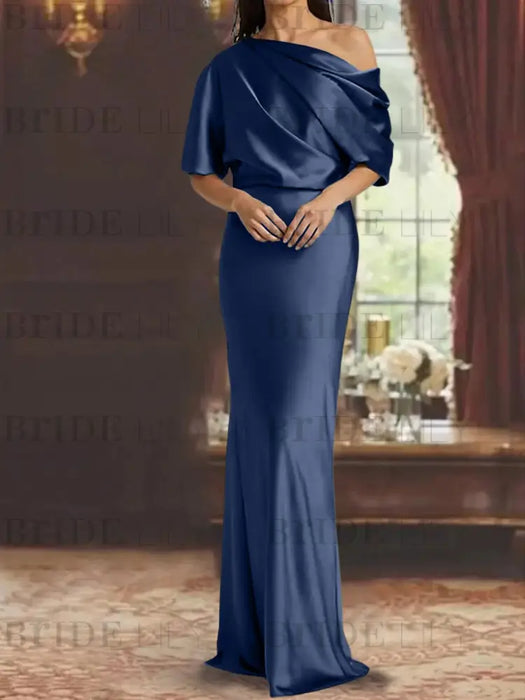 Navy Blue draped satin mother of the bride column gown with blouson top