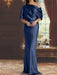 Navy Blue draped satin mother of the bride column gown with blouson top