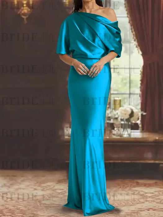 Ocean Blue draped satin mother of the bride column gown with blouson top