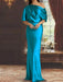 Ocean Blue draped satin mother of the bride column gown with blouson top