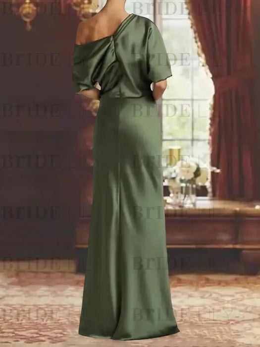 Back view of the olive green draped satin column gown