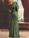 Back view of the olive green draped satin column gown