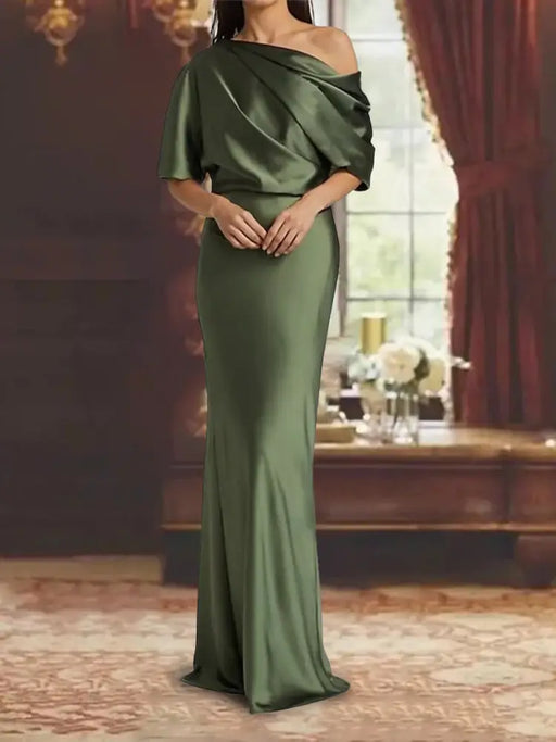 Draped satin column gown with a blouson top in olive green