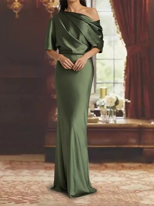 Draped satin column gown with a blouson top in olive green