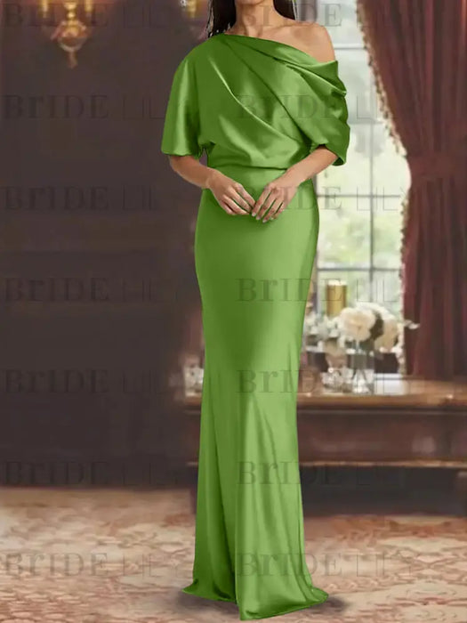 Olive Green draped satin mother of the bride column gown with blouson top