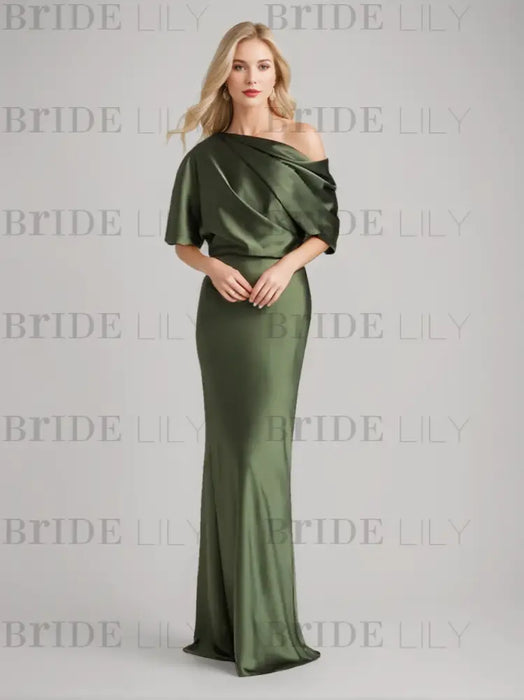 Olive Green draped satin mother of the bride column gown with blouson top