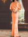 Orange draped satin mother of the bride column gown with blouson top