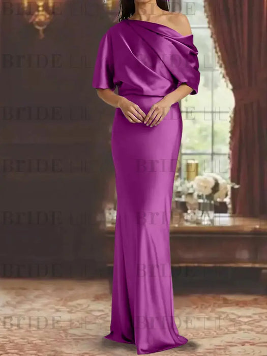Orchid draped satin mother of the bride column gown with blouson top