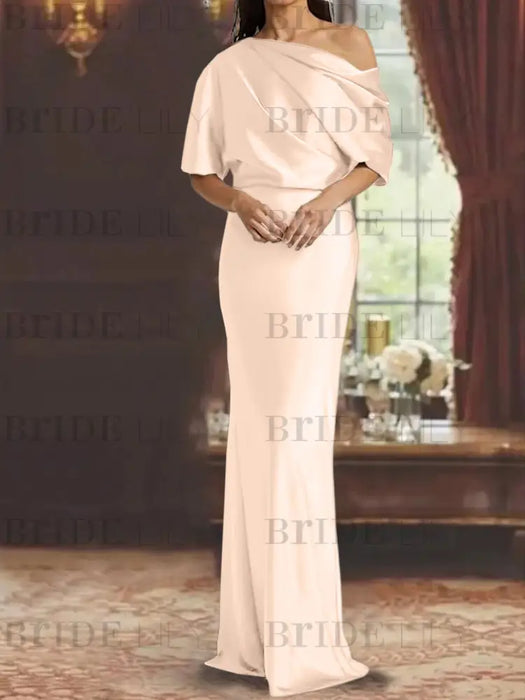 Peach Pink draped satin mother of the bride column gown with blouson top