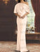 Peach Pink draped satin mother of the bride column gown with blouson top