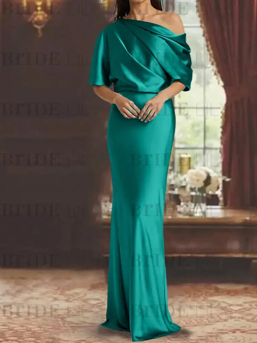 Peacock draped satin mother of the bride column gown with blouson top