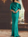 Peacock draped satin mother of the bride column gown with blouson top
