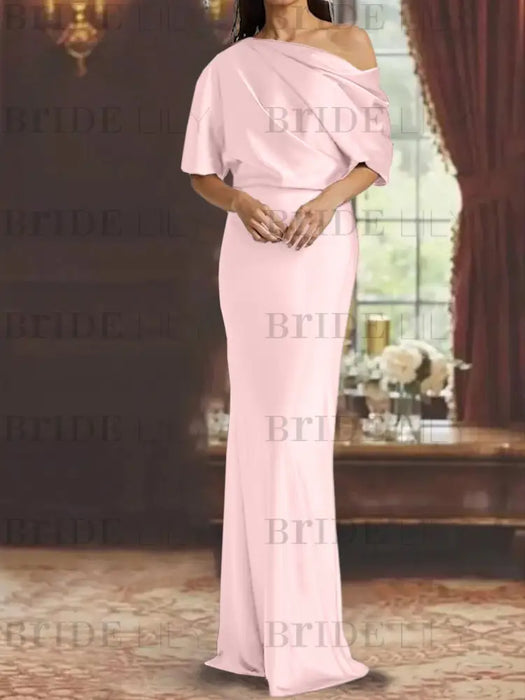 Pearl Pink draped satin mother of the bride column gown with blouson top