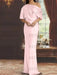 Pearl Pink draped satin mother of the bride column gown with blouson top
