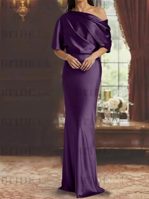 Plum draped satin mother of the bride column gown with blouson top
