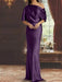 Plum draped satin mother of the bride column gown with blouson top