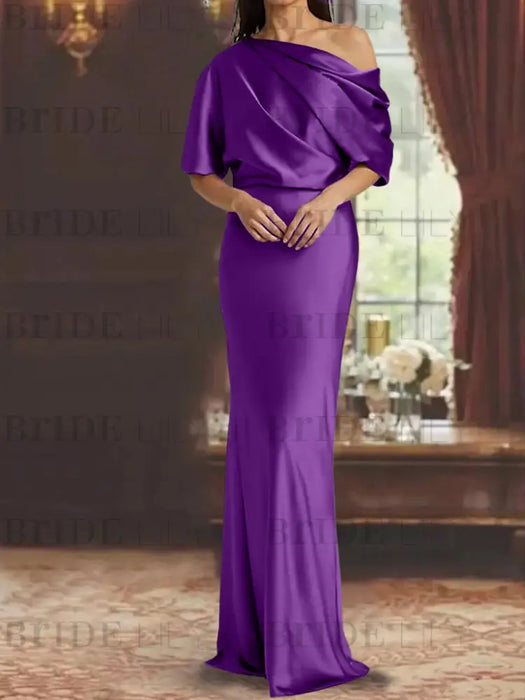Purple draped satin mother of the bride column gown with blouson top