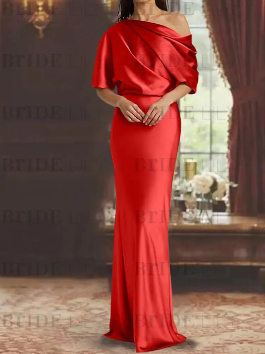 Red draped satin mother of the bride column gown with blouson top