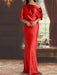 Red draped satin mother of the bride column gown with blouson top